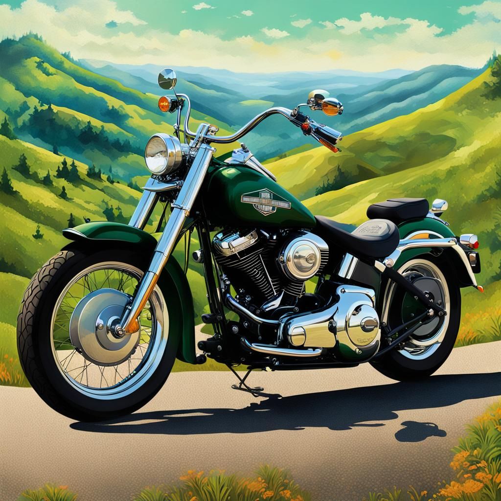 Green Harley-Davidson Softail Against Hillside Oil Painting