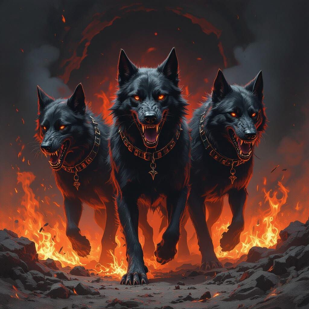 Fiery Three-Headed Hellhound Emerges from Abyss