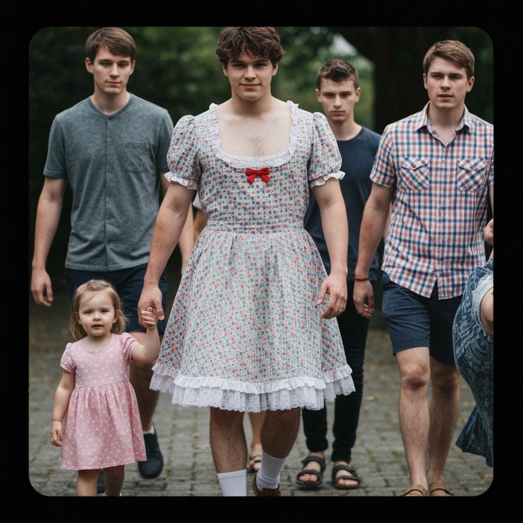 Young Man Crossdressing in Pollyanna Dress With Family