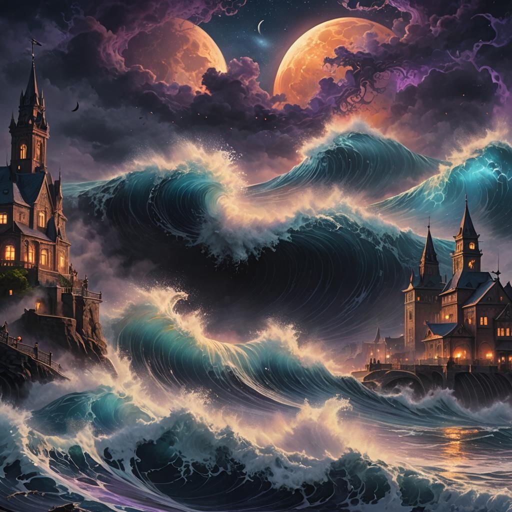 Dramatic Wave Crashing Under Black Moon