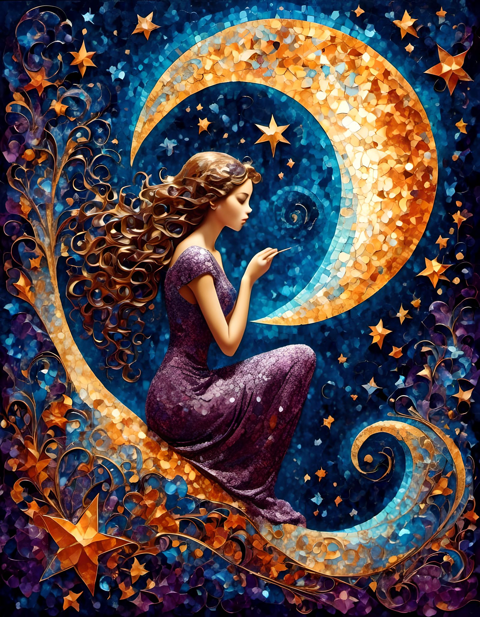 A girl in a lacy dress sits on a crescent moon looking down towards the world, the sky is dark  with black and silver gl...