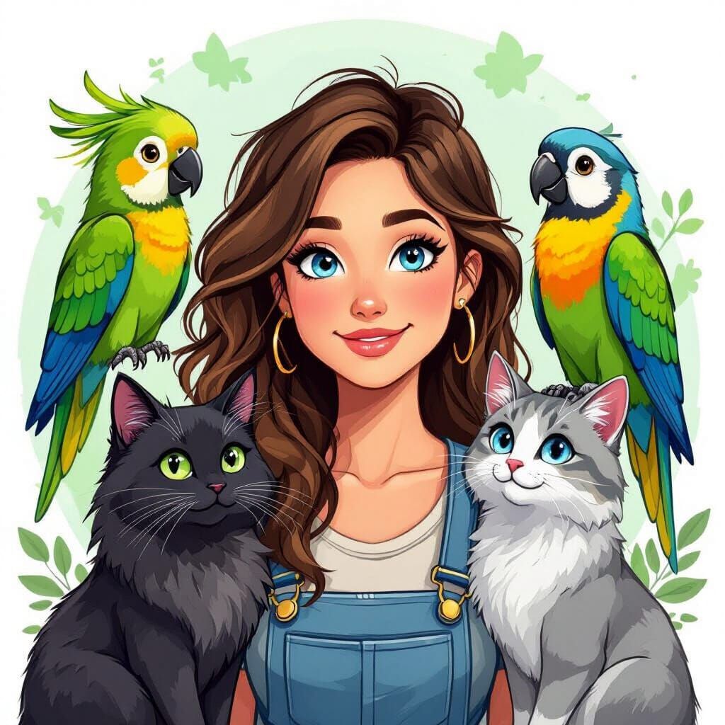 Cartoon Woman with Birds and Cats in Whimsical Style