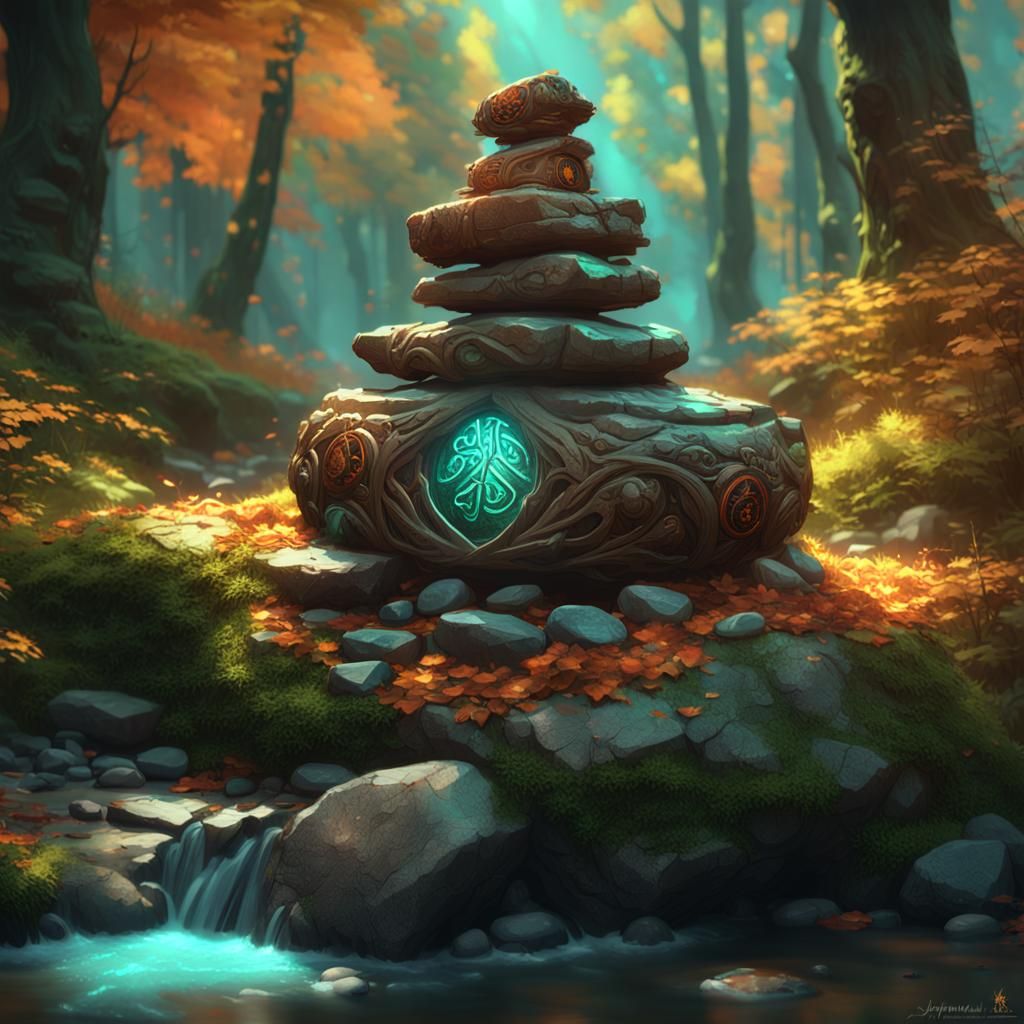 Elven Rune Cairn by Wooded Stream: Detailed Concept Art