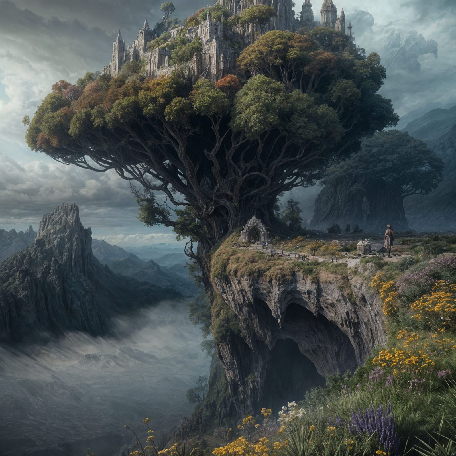 Serene Figure Surrounded by Vibrant Clouds in a Breathtaking...