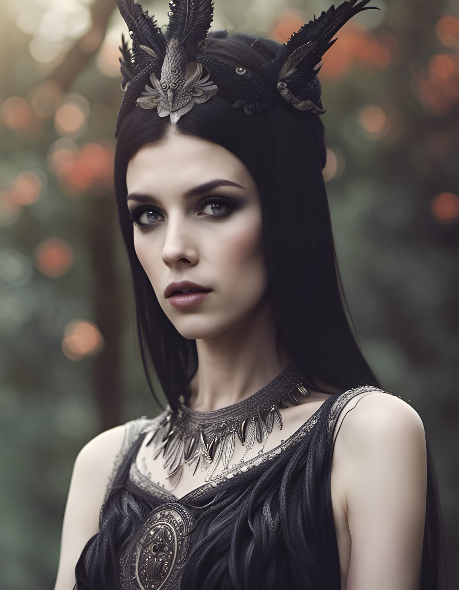 Goth Witch Djinn Crow Goddess in Forest