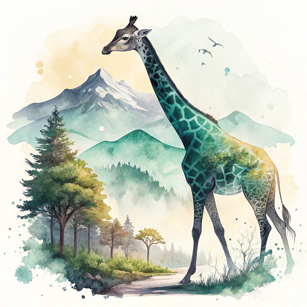 Elegant Giraffe in Whimsical Watercolor Landscape