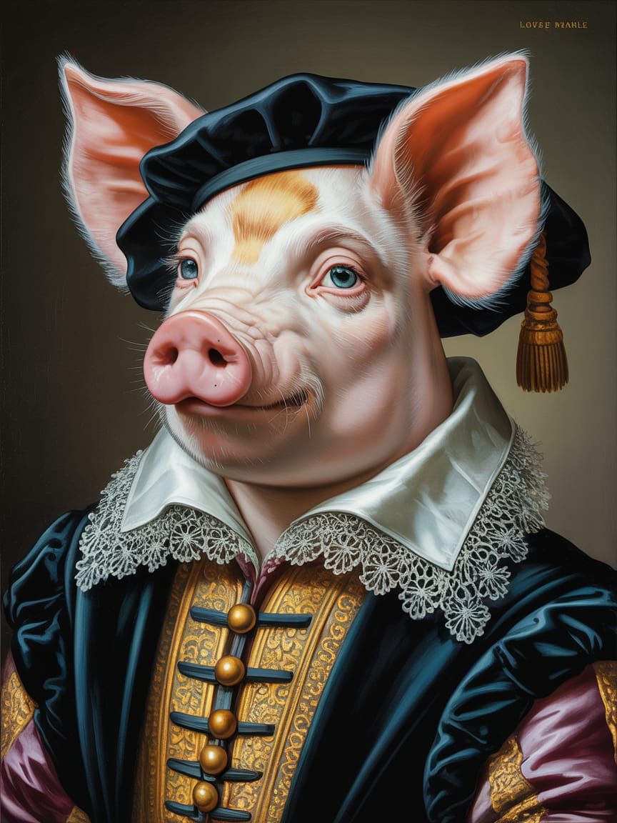 Metamorphic Pig in Renaissance Attire, Oil Painting