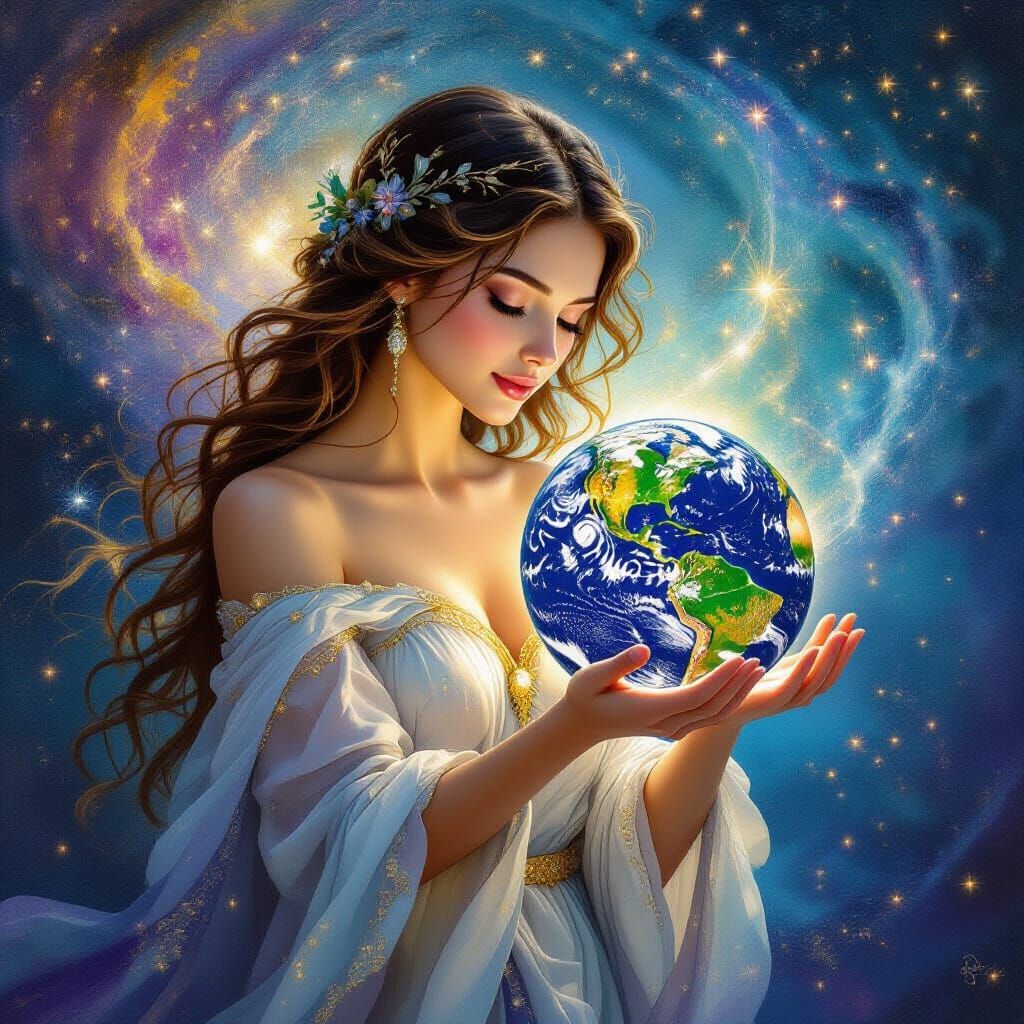 Earth Goddess Holding Planet in Cosmic Nebula