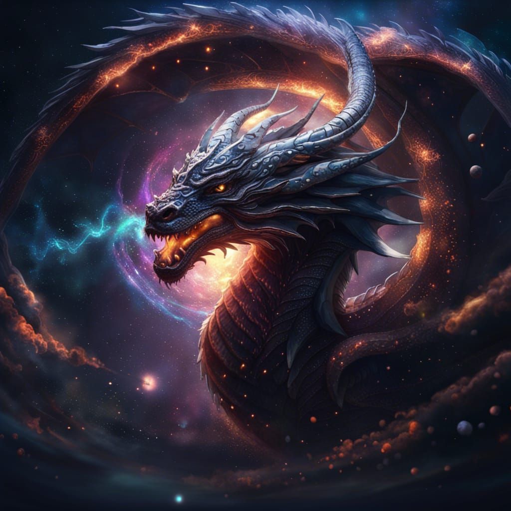 Celestial Dragon Soaring Through Galaxy: Dark Fantasy Art