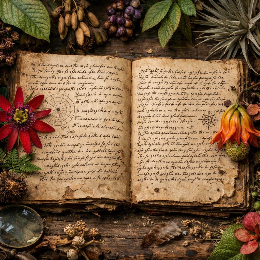 Realistic Cypher Manuscript Pages with Exotic Flora