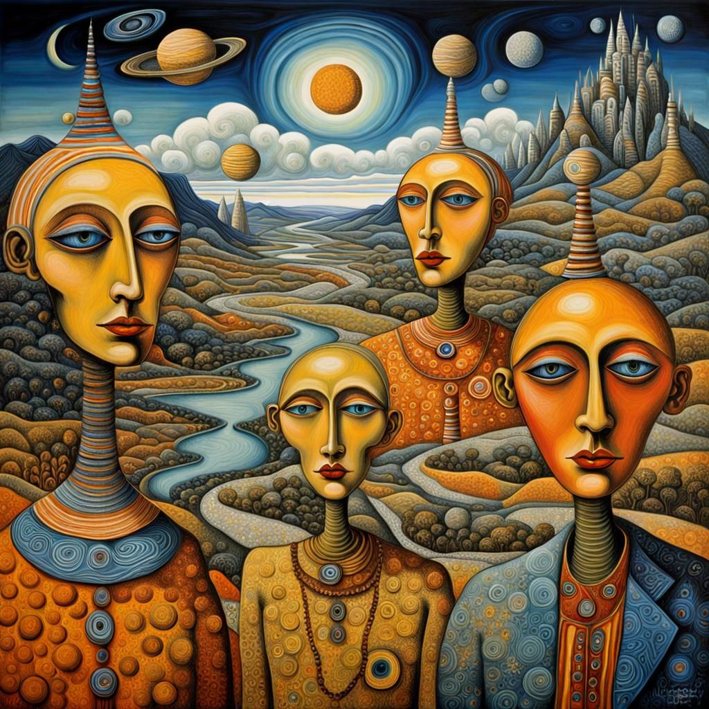 Cosmic Characters in Surreal Landscape, Magic Realism