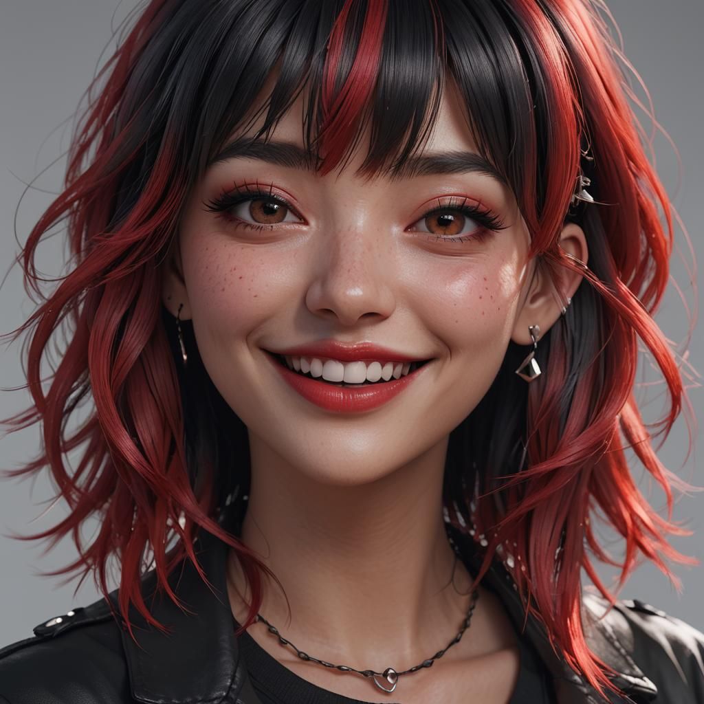 Giggling Girl with Red and Black Hair in 3D