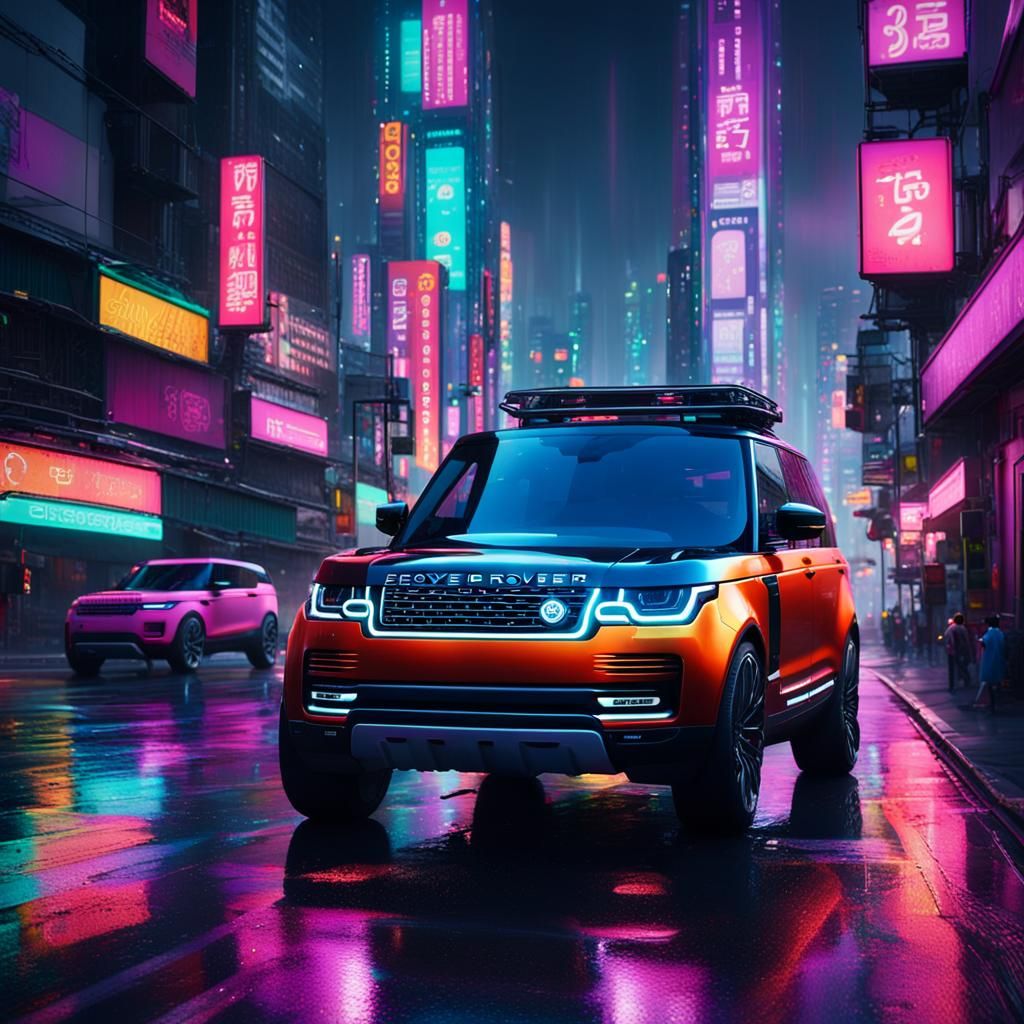 Futuristic Land Rover in Neon Seoul: Oil Painting