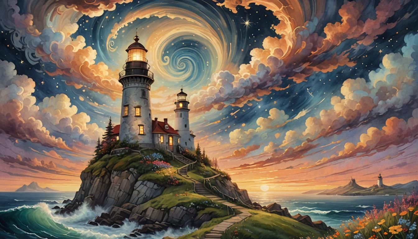 Fantasy Lighthouse on Coastal Flower Hill at Sunset