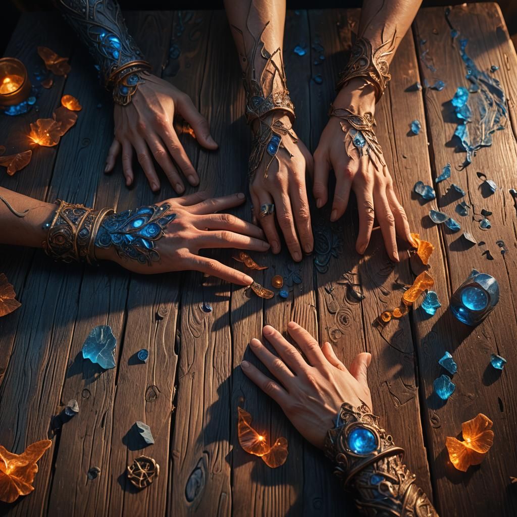 Human Hands on Wooden Table in Fantasy Lighting