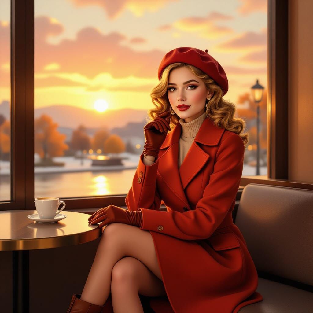 Woman in Terracotta Coat Sits in Coffee Shop