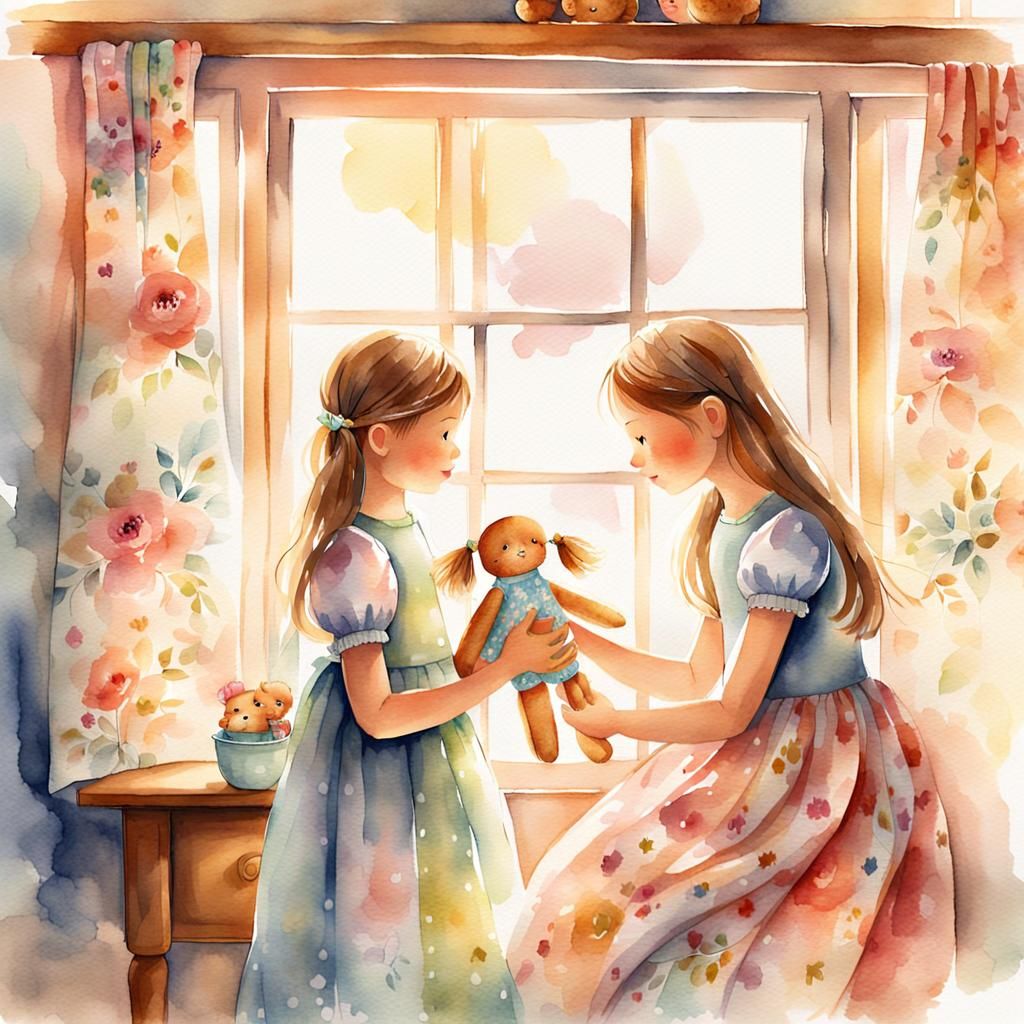 Whimsical Watercolor Portrait of a Girl with a Doll in a Coz...