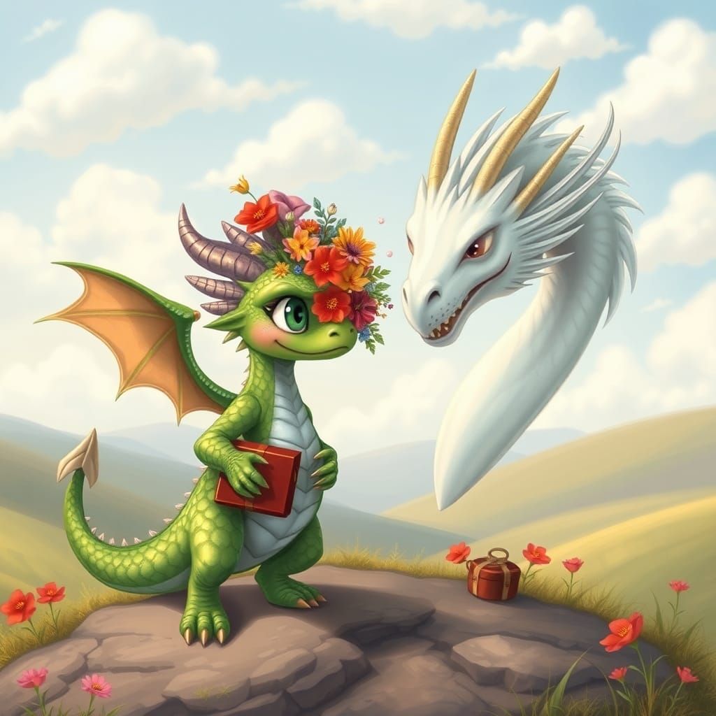 Courting Dragons in Whimsical Landscape