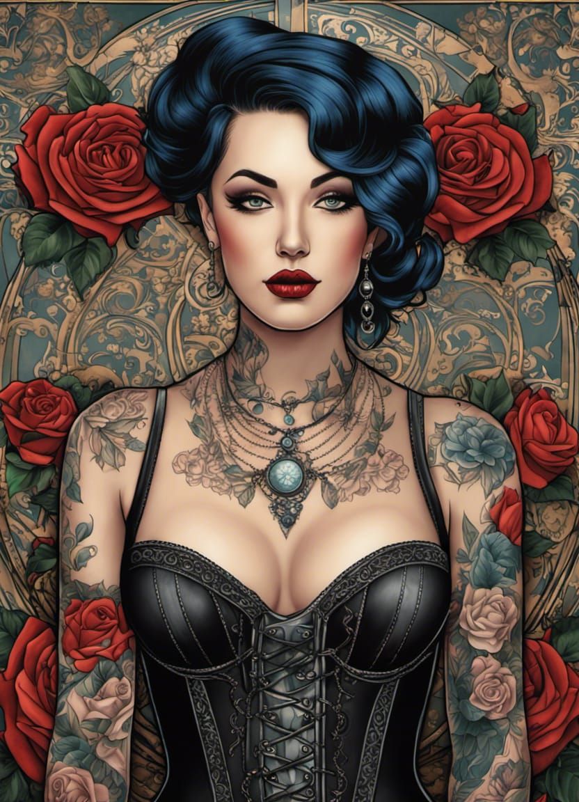 Tattooed Woman Portrait in Gothic Comicbook Style