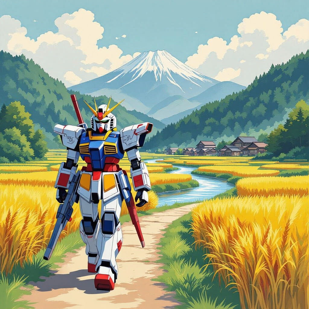 Japanese Gundam Walking Past Rice Fields
