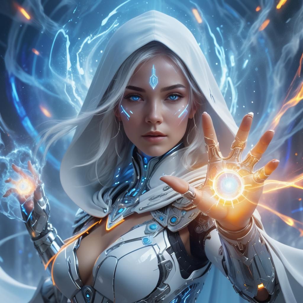 Female Techno Mage Casting Spell in Neon Style