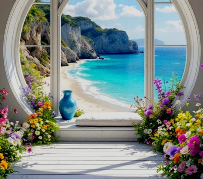 Elegant Victorian Window Frames Overlooking Vibrant Wildflow...