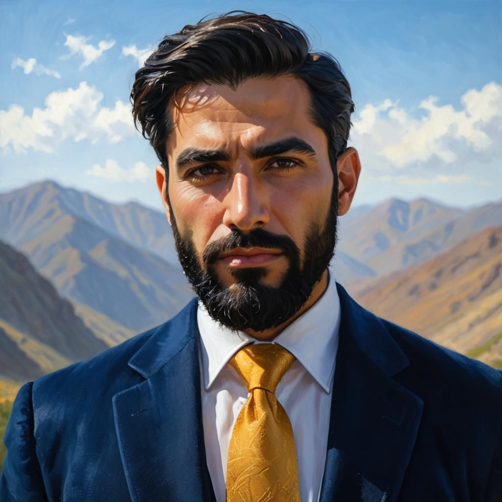 Iranian Man in Velvet Suit: Neo-Impressionist Oil Painting