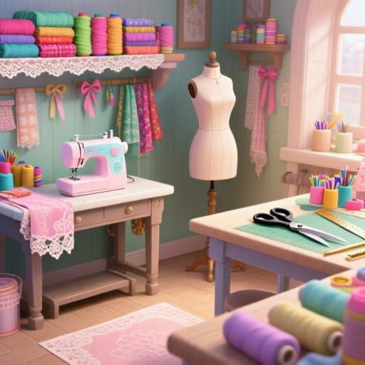 Cozy Sewing Room in 3D Anime Style