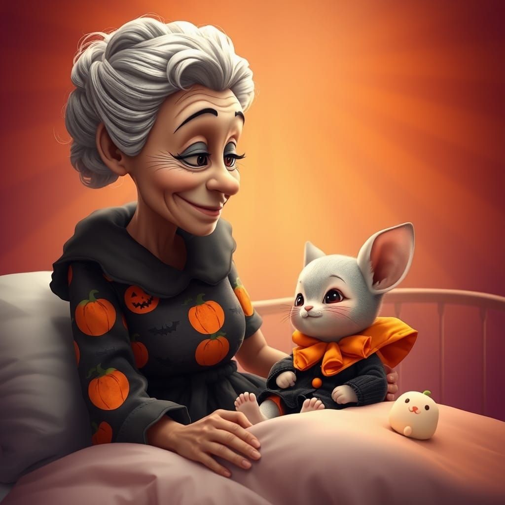 Woman and Kitten in Halloween Costumes: 3D Rendered