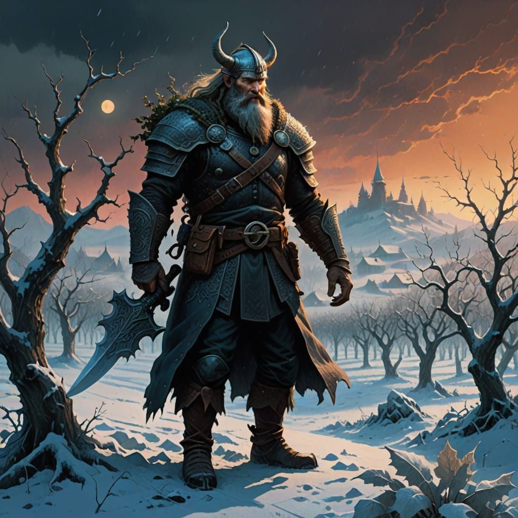 Viking Vineyard Guardian in Frosty Landscape