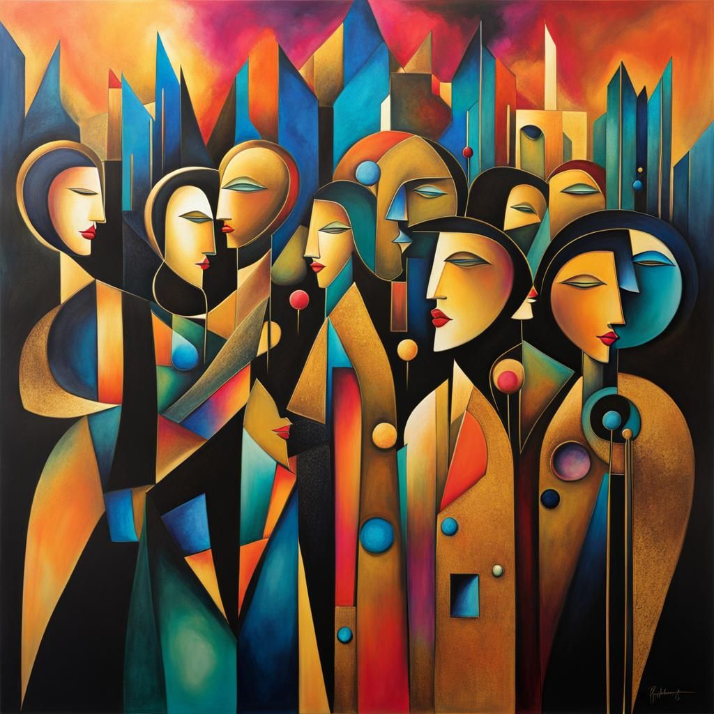 Cubist Protest with Vibrant Colors and Gold Accents