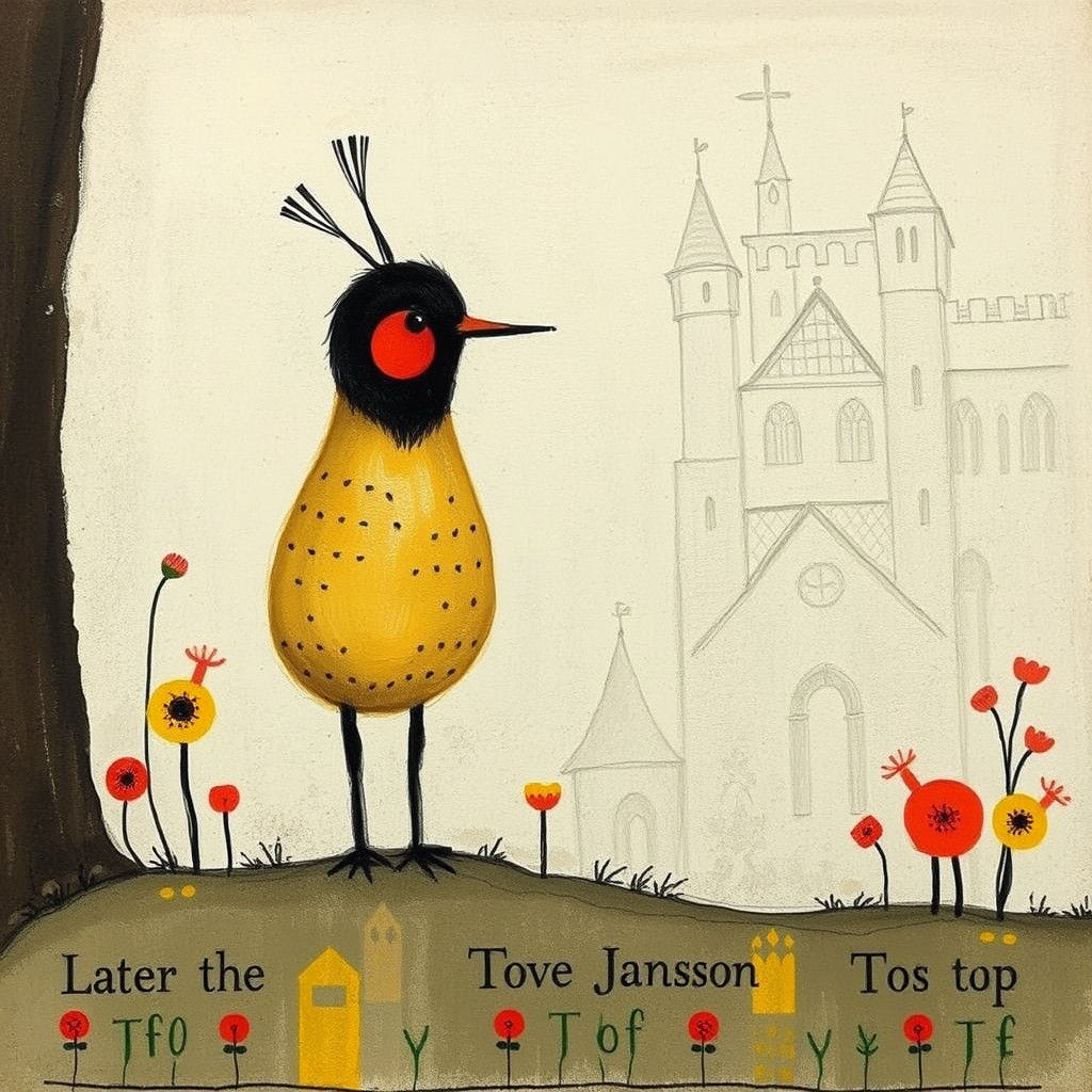 Whimsical Bird with Autumn Leaves and Rainbow