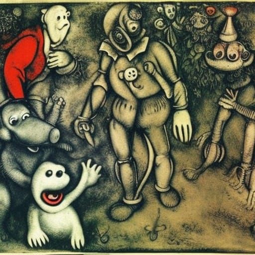 Wallace and Gromit's Forest Battle, Durer and Chagall Style