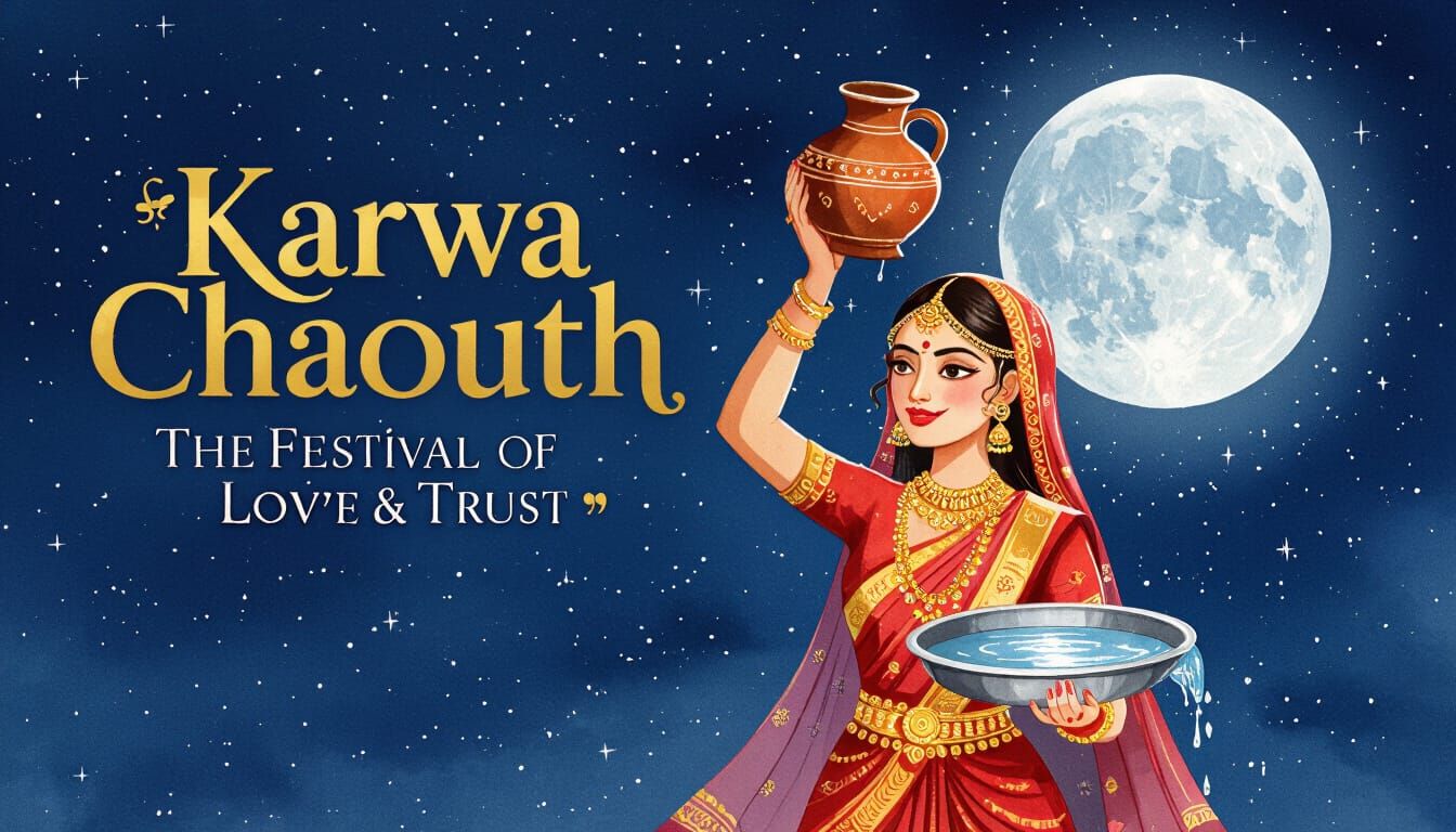 Woman Observes Karwa Chauth Under Full Moon in Watercolor