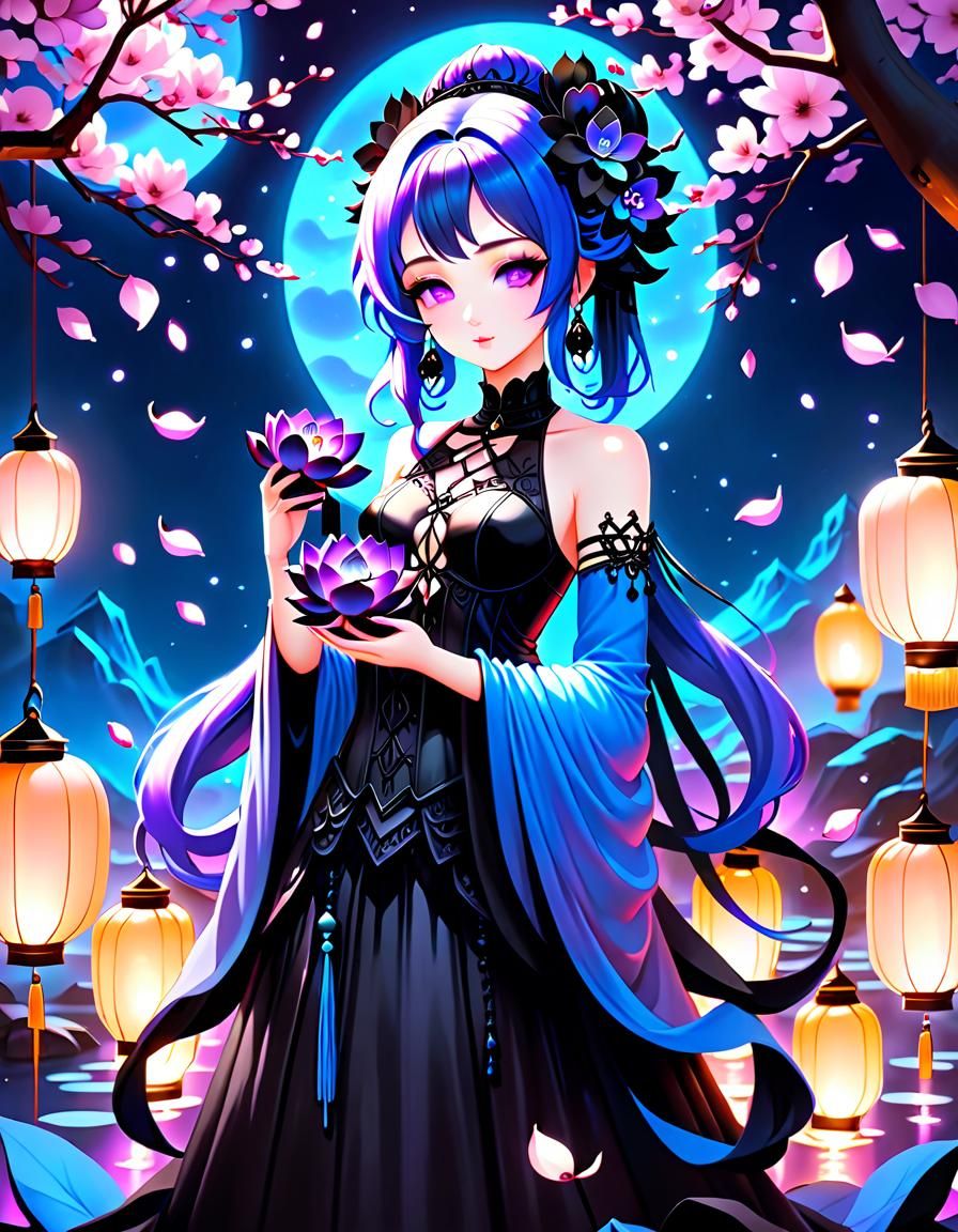 Gothic Kawaii Kwan Yin with Black Lotus Flower