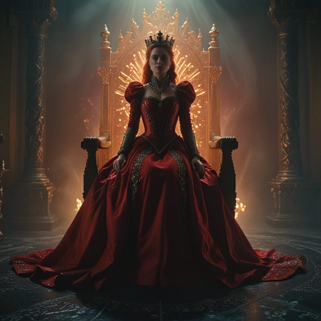 Cinematic Red Queen on Throne in Golden Light