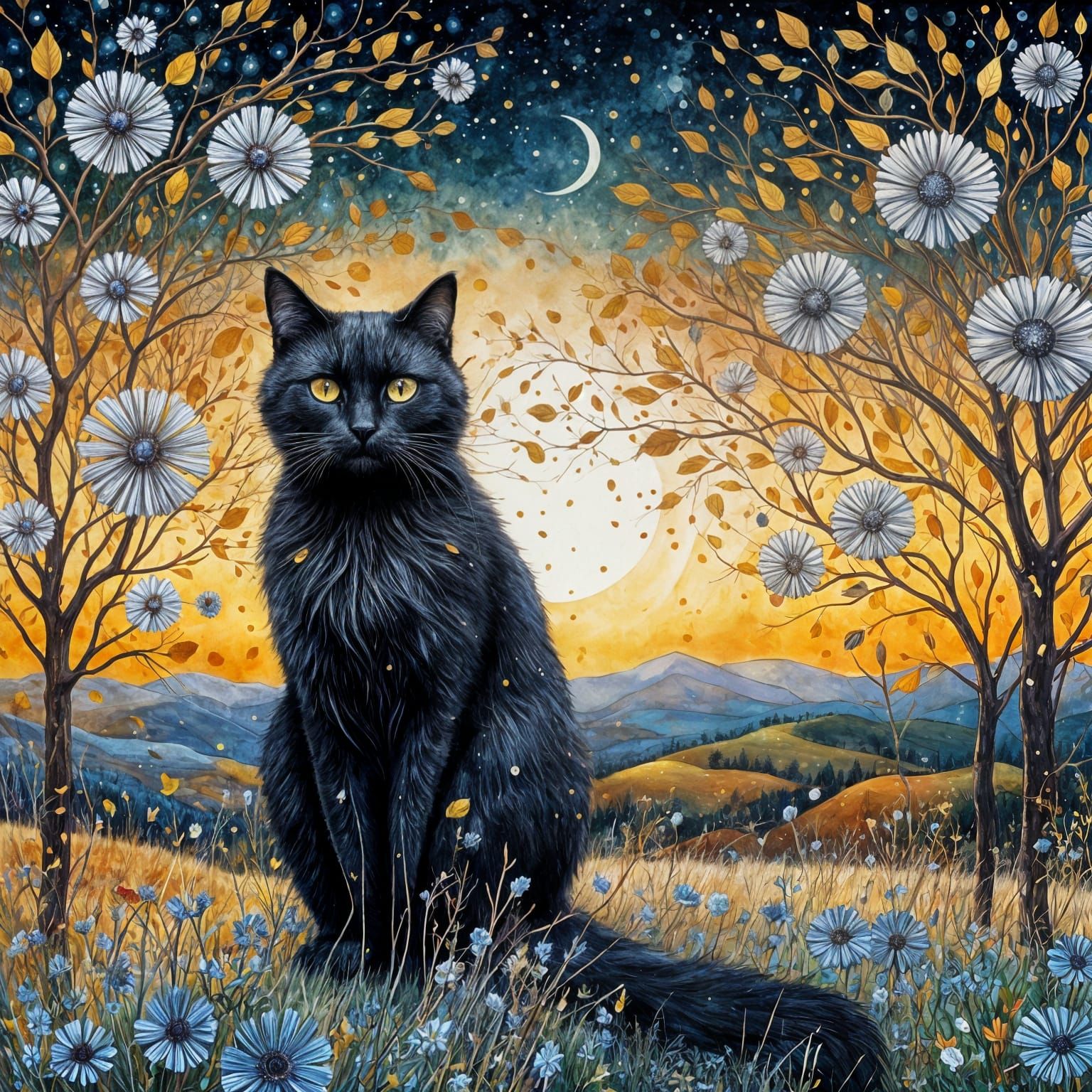 Black Cat with Sparkling Eyes on Windy Hill