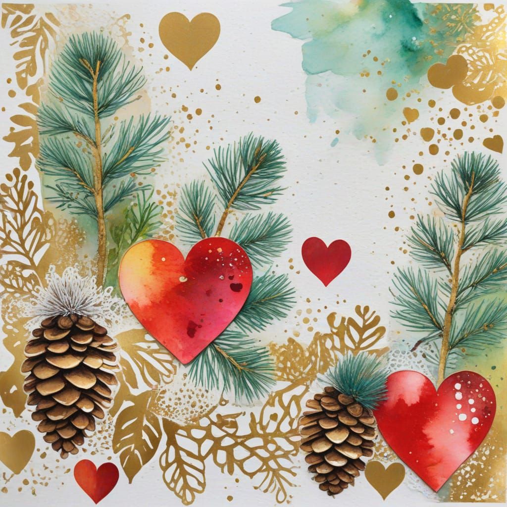 Vibrant Christmas Watercolor Artwork with Gold Accents