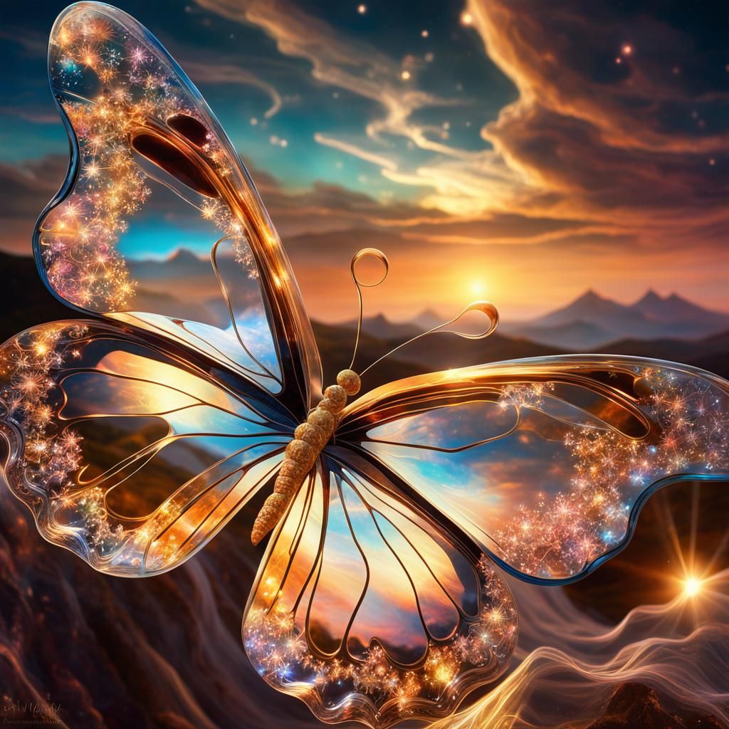 Crystallized Butterfly Over Landscape in Rococo Style