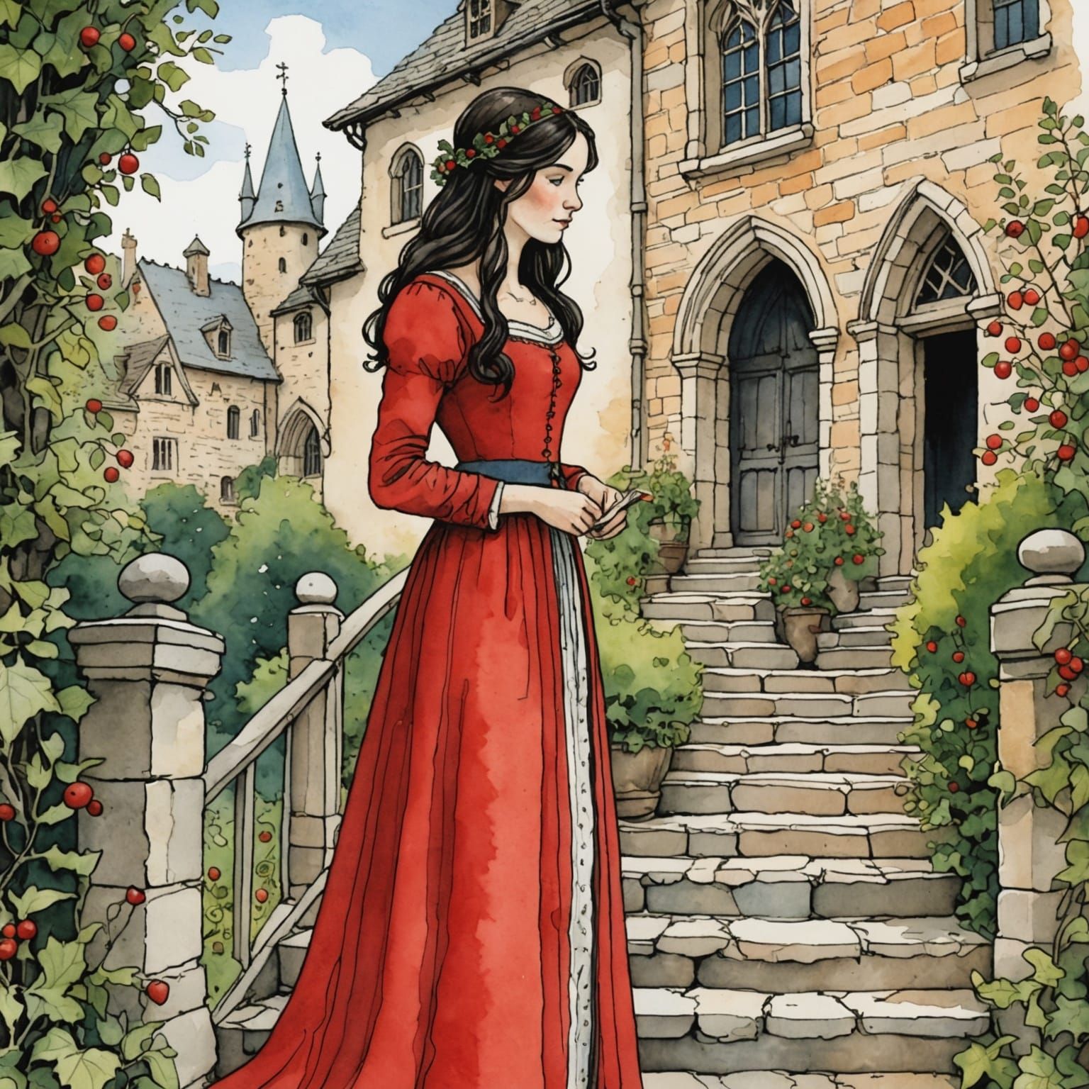 Medieval Maiden: Storybook Illustration in Watercolor and In...