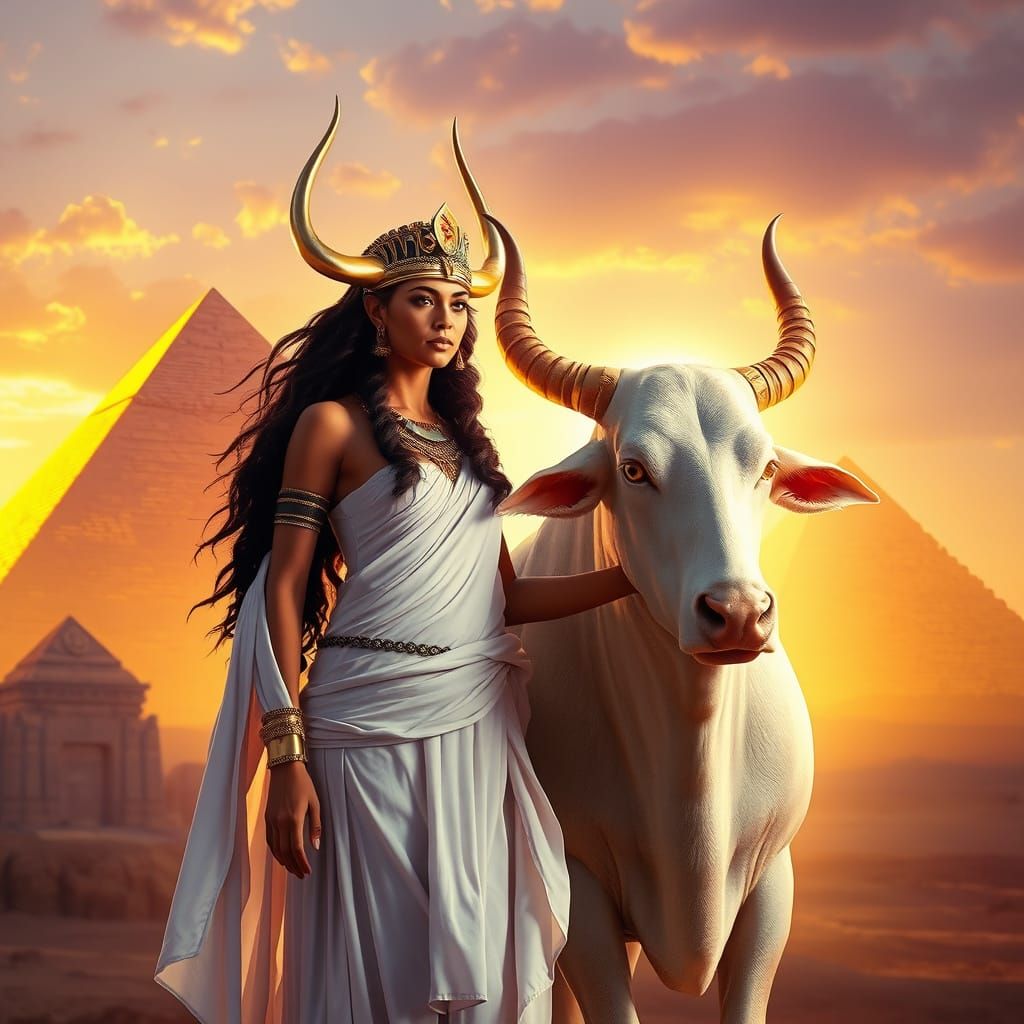 Majestic Hathor Goddess Beside Pyramids of Giza in Cyberpunk...