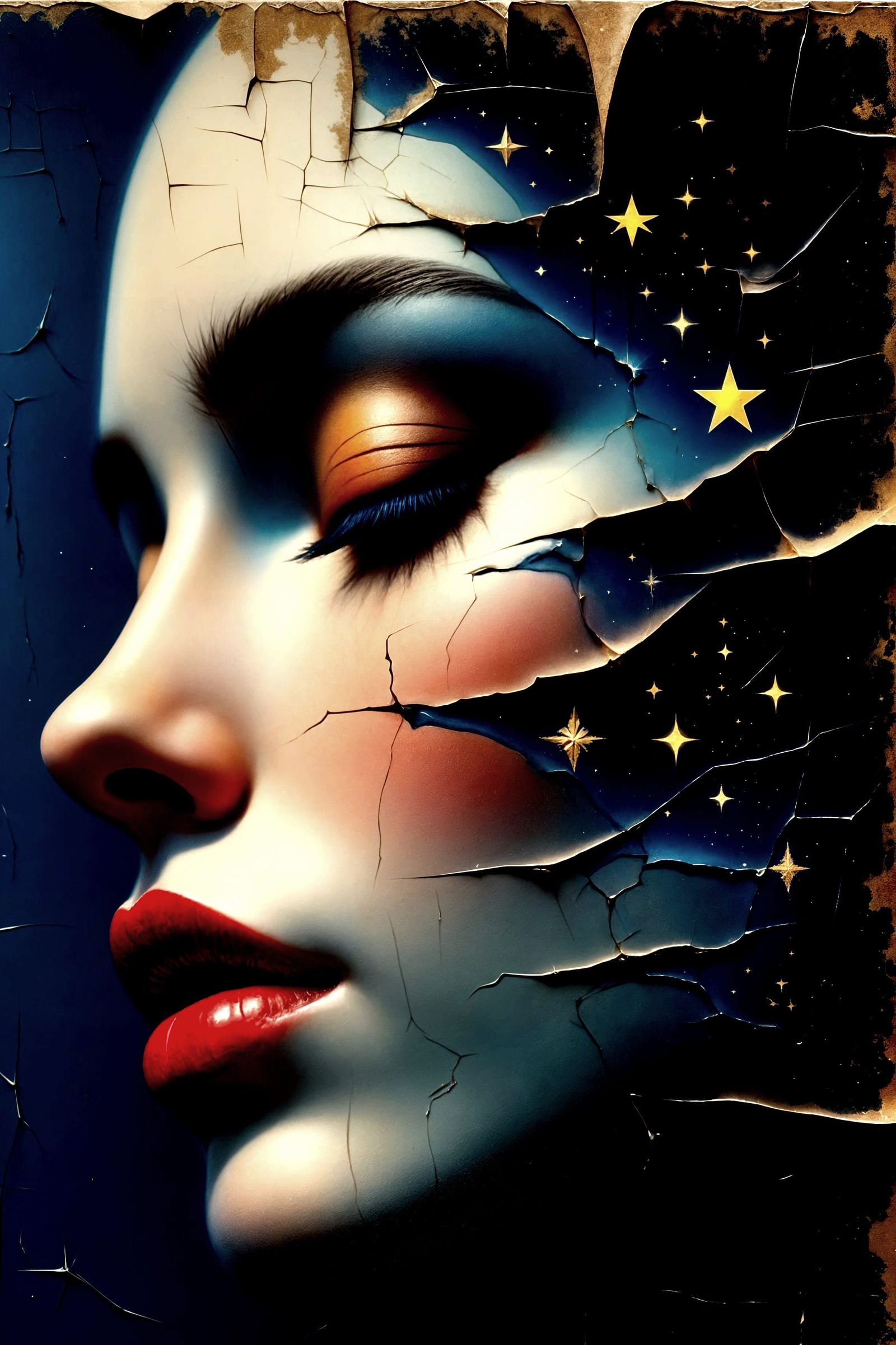 Dreamy Oil Portrait of Woman Blending into Celestial Night S...