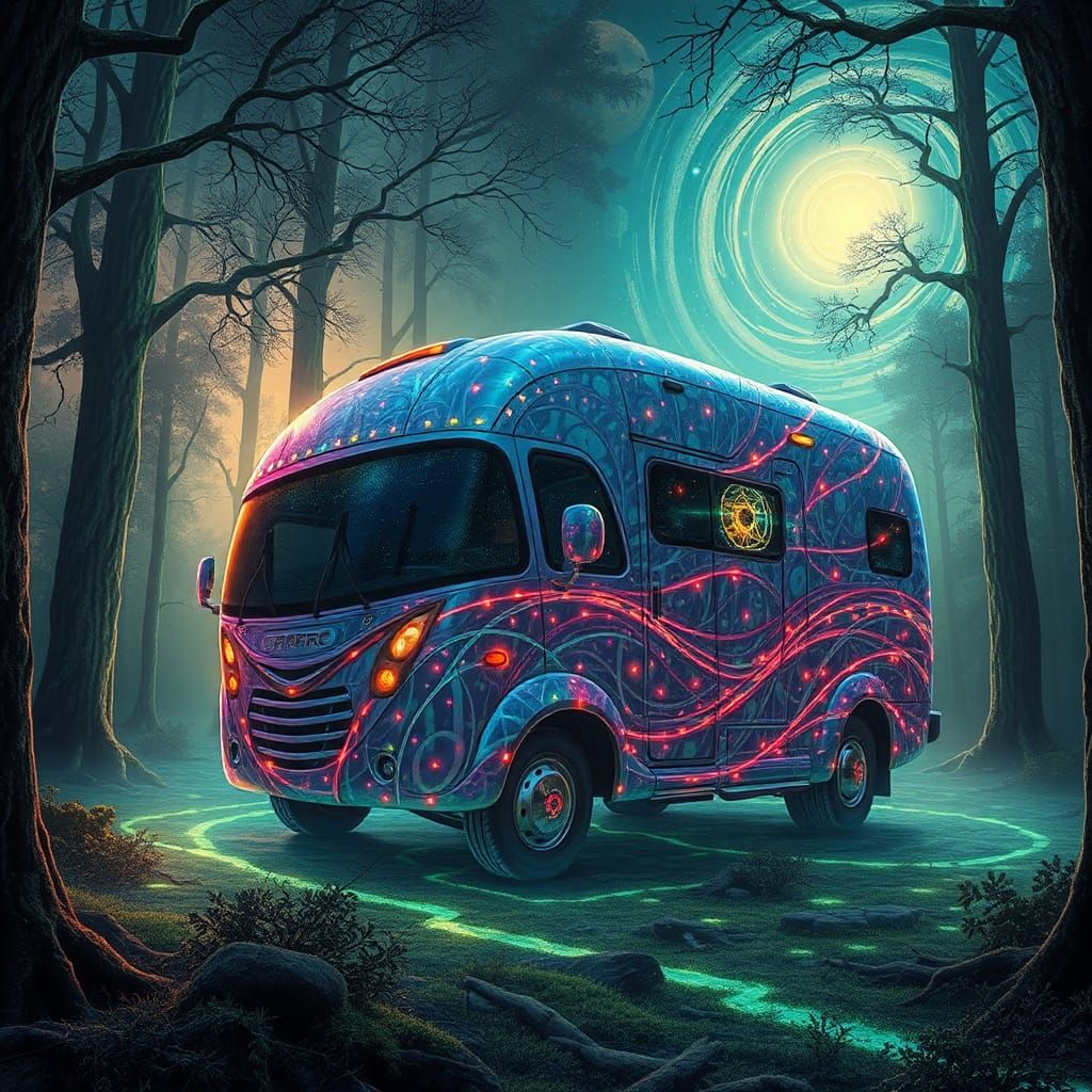 Bioluminescent RV in Haunted Forest, in Psychedelic Style