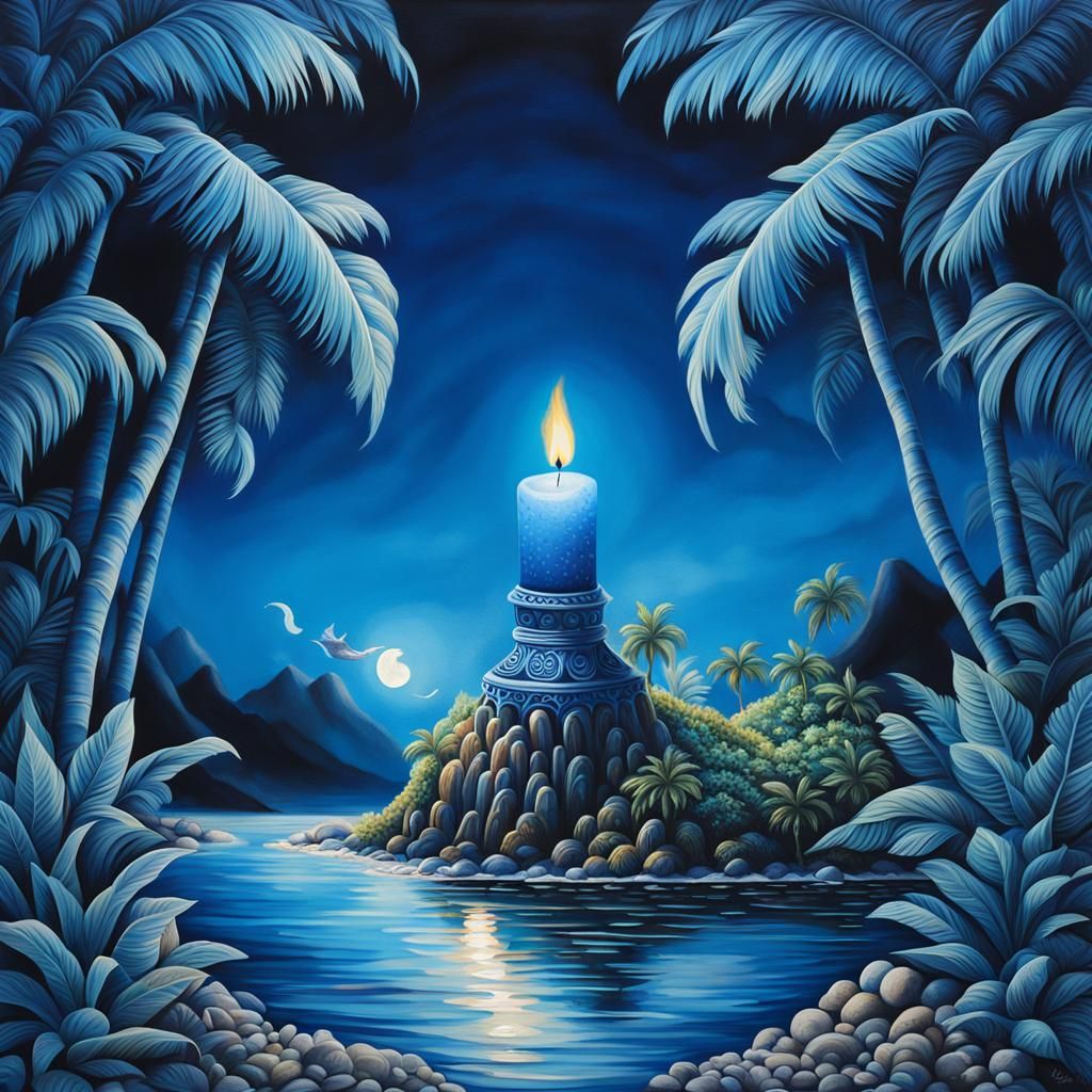 Ornate Blue Candle on Tropical Island Painting