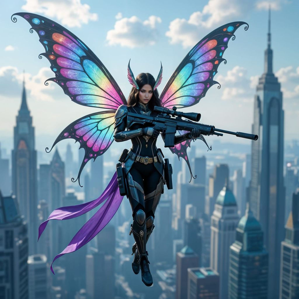 Goddess Sniper Assassin Fairy Over Futuristic City