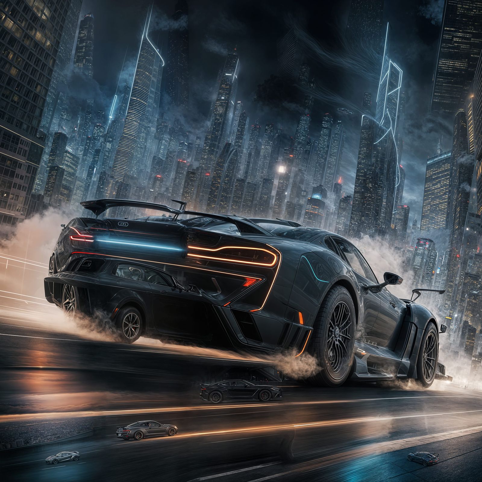 Futuristic Sports Car Drifting in Cyberpunk Cityscape