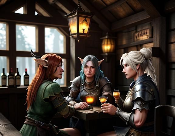 Goblins Drinking Cocktails in Rustic Tavern: 3D Game Graphic...