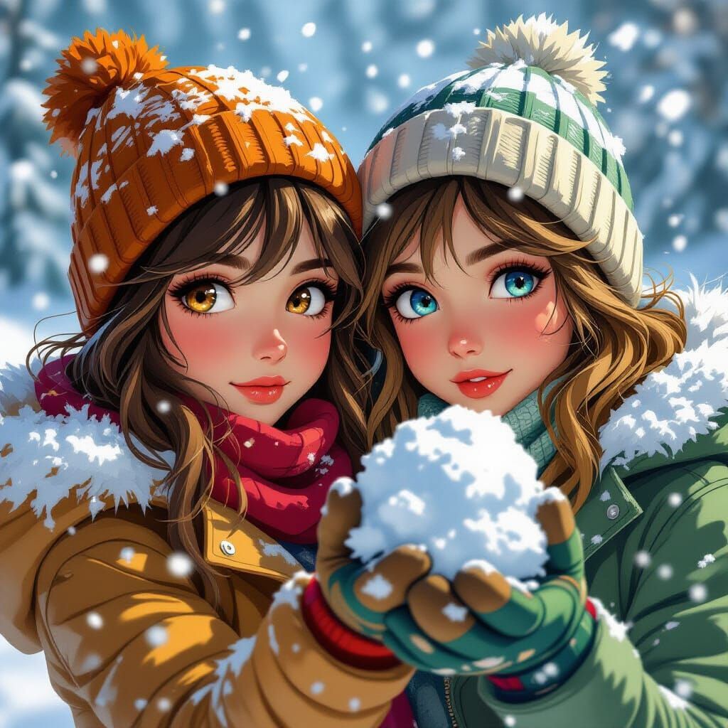Teen Girls Snowball Fight Concept Art Portrait