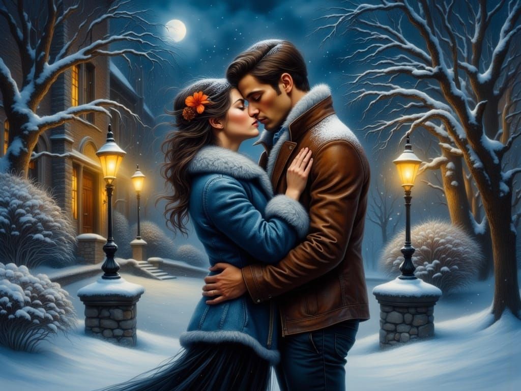 Romantic Snowy Night Kiss in Oil Painting Style