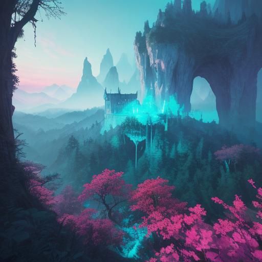 Glowing Mushroom Staircase in Neon Forest